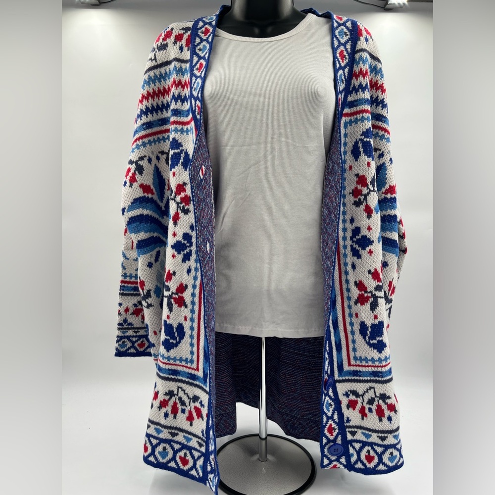 Natural Nga Blue Red Pineapple Intarsia Knit‎ Longline Cardigan Sweater M NWT - Picture 7 of 8